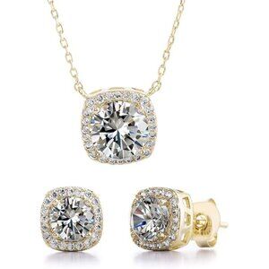 Women's 18 Inch Gold Plated Halo Cushion Shaped Faceted Crystals Jewelry Set